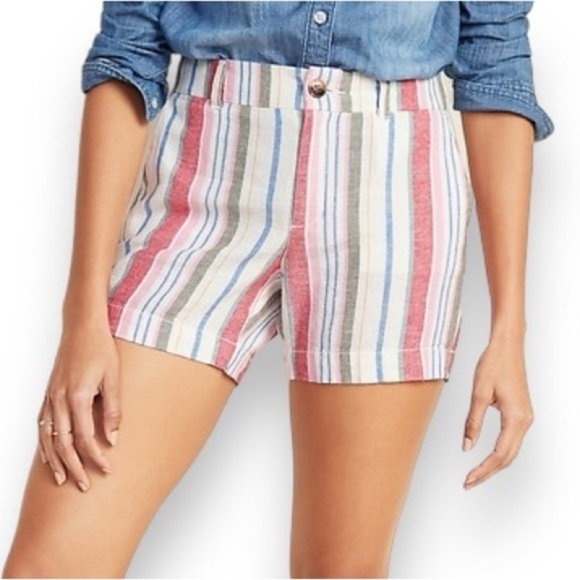 Old Navy Mid Rise Everyday Linen Blend Multicolor Stripes Women's Size 14 Summer - Picture 1 of 16